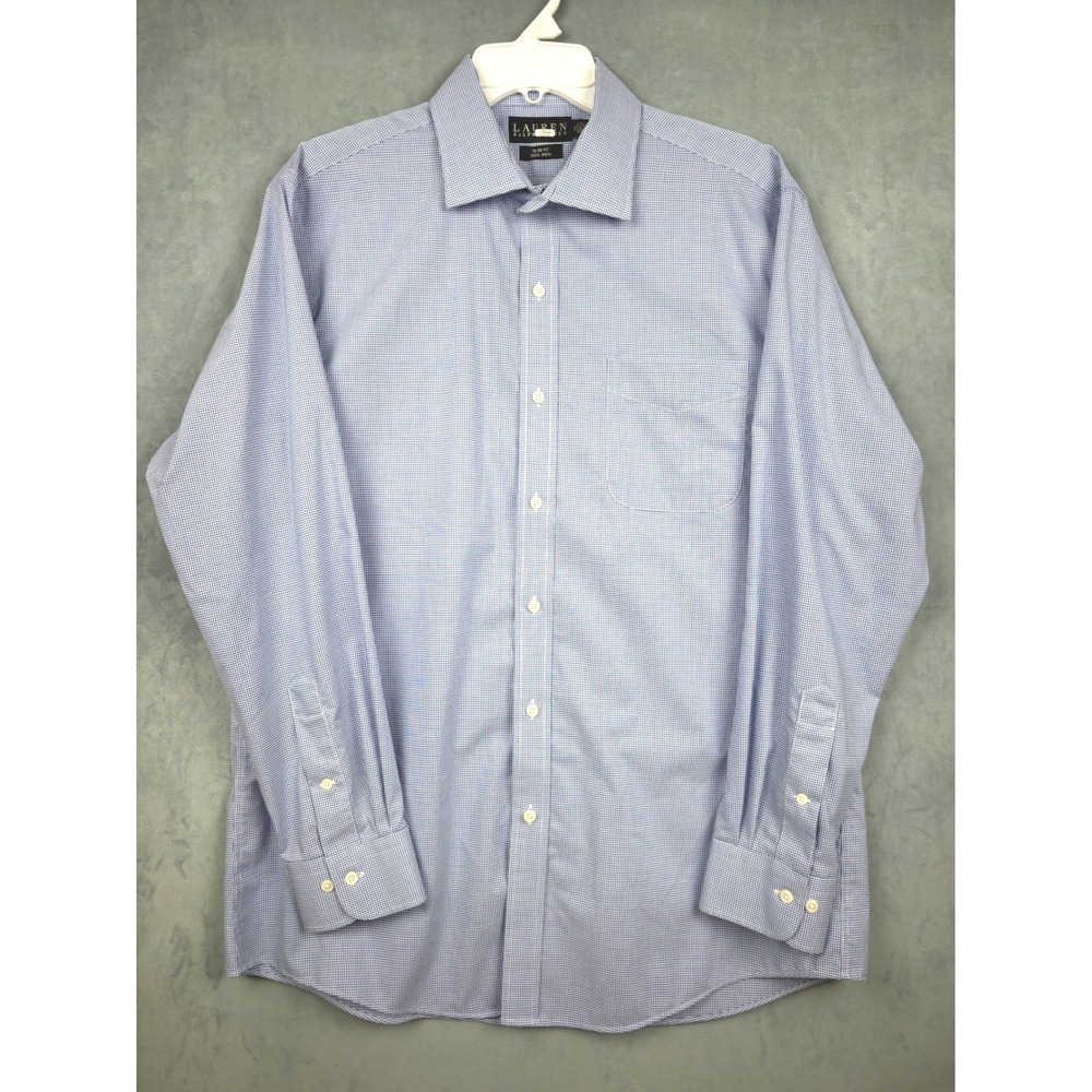 Lauren Ralph Lauren Mens Blue Gingham Slim Fit Non Iron Dress Shirt 17 34/35